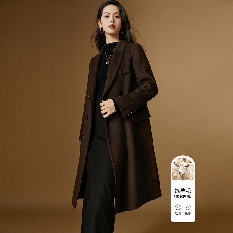 晚白【新品】2025翻驳领百搭双面呢长款大衣女25081822