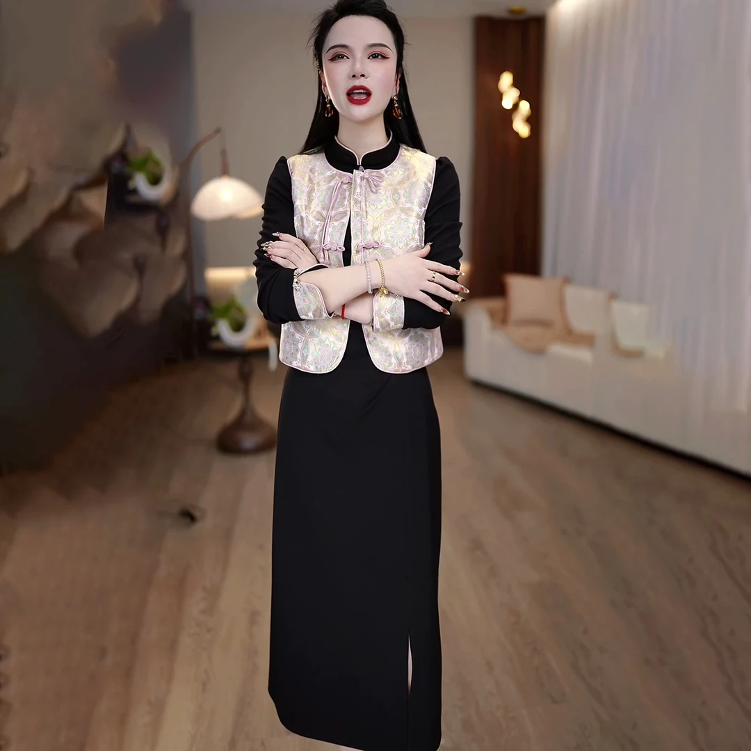 2025春季新款立领黑色简约质感旗袍连衣裙+精致国风马甲真两件套