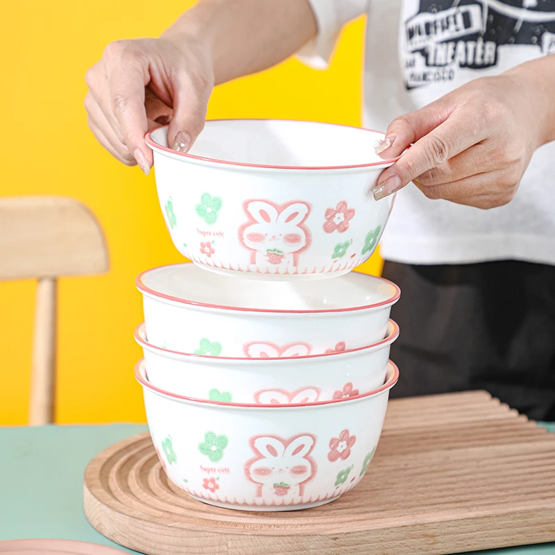 6英寸家用粉萌兔面碗陶瓷爆款套装碗碟高颜值组合餐具