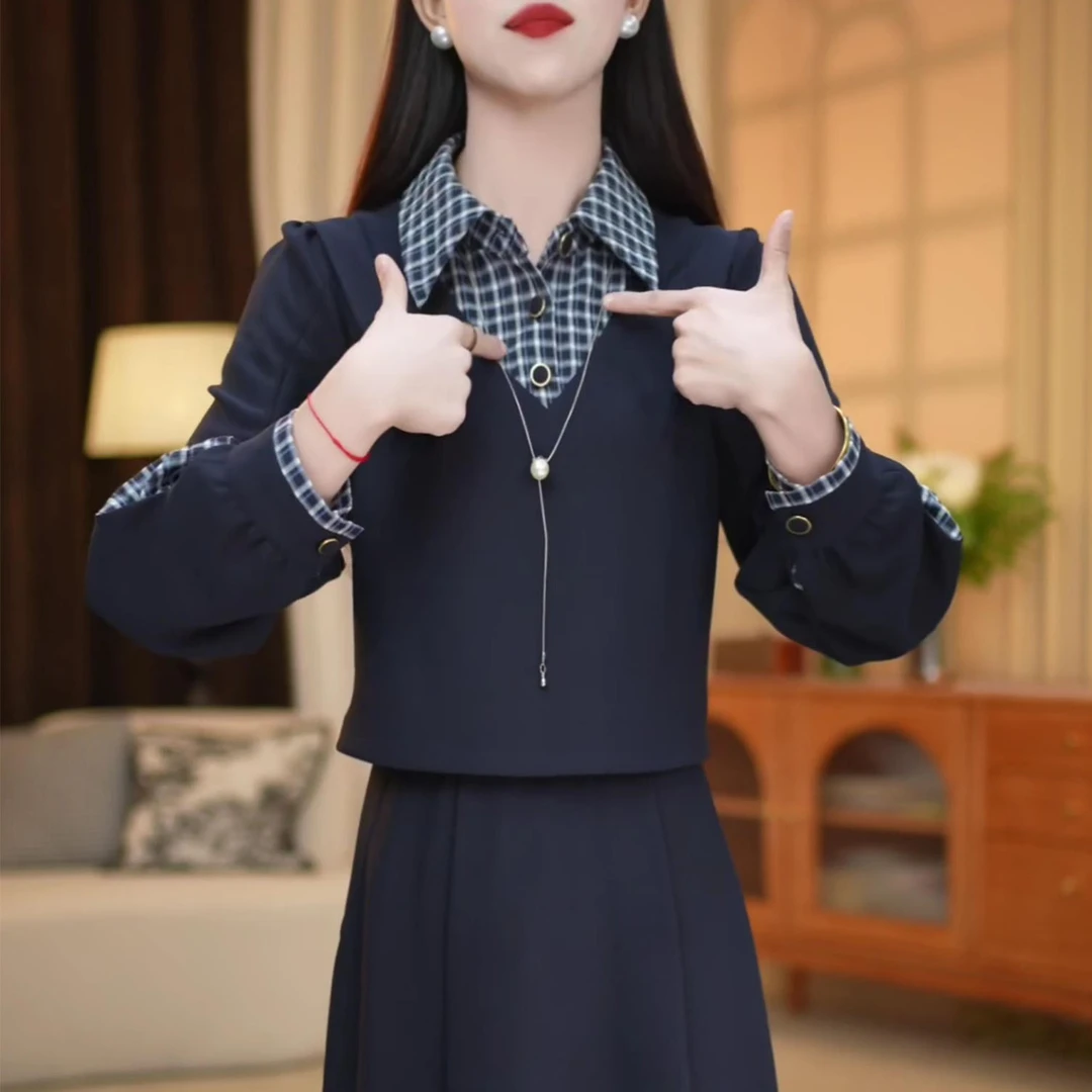 时尚假两件长袖连衣裙女2025秋季新款气质显瘦设计感中长款休闲裙