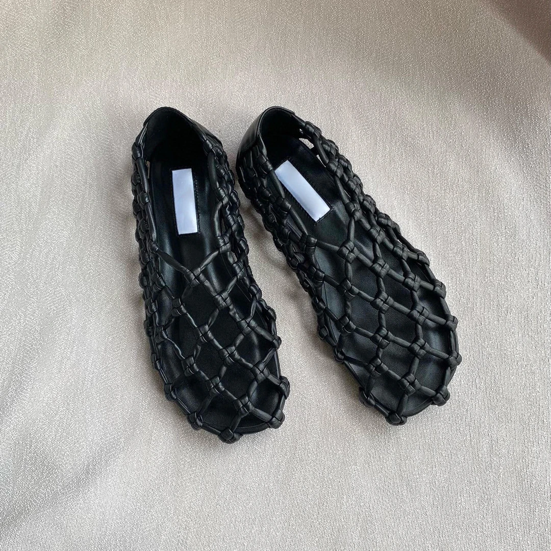 2025新款手工网面编织透气平底一脚蹬凉鞋女软底渔网洞洞鞋猪笼鞋