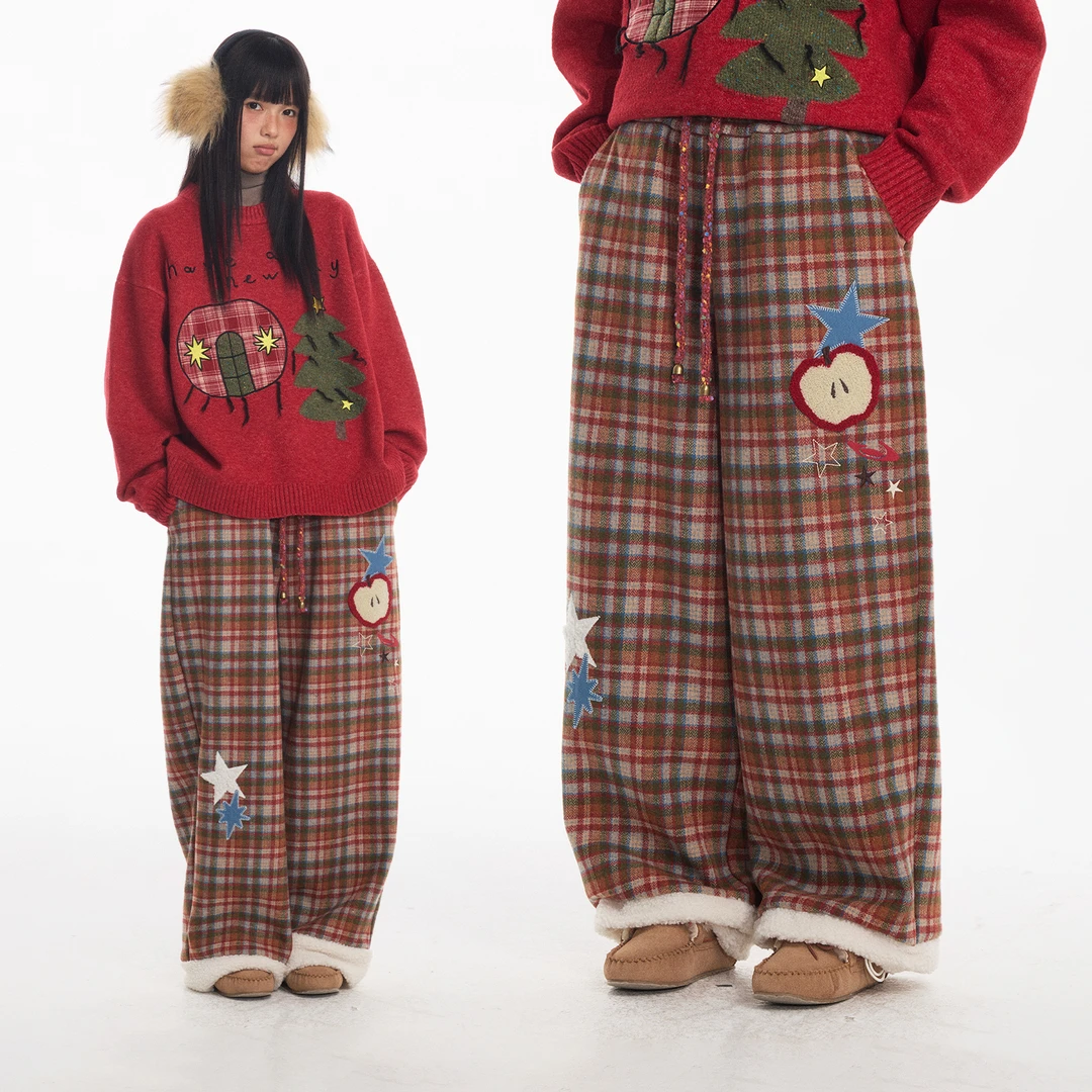 江南先生NewJNXS圣诞风加绒格纹贴布绣休闲裤冬精致彩色裤绳长裤