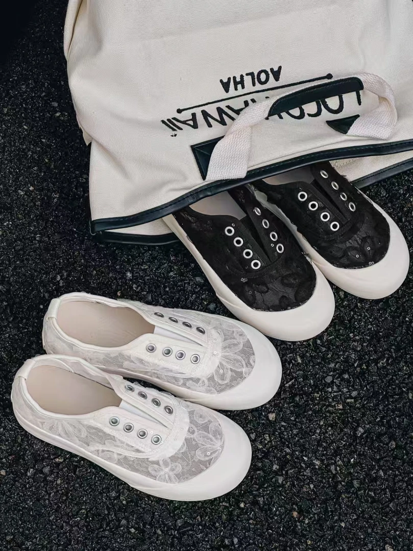 2025夏季新款欧韩时尚网面镂空薄款一脚蹬帆布鞋女K663