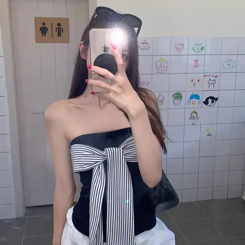复古条纹绑带拼接设计感抹胸上衣搭配简约百搭外衫