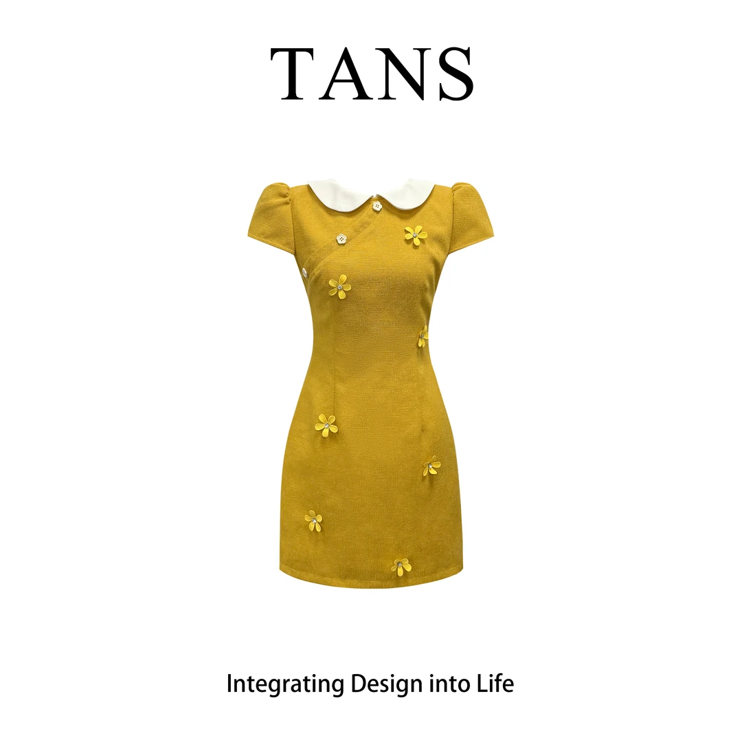 现货 TANS【夏季新品】法式黄色娃娃领立体花卉设计感短款连衣裙
