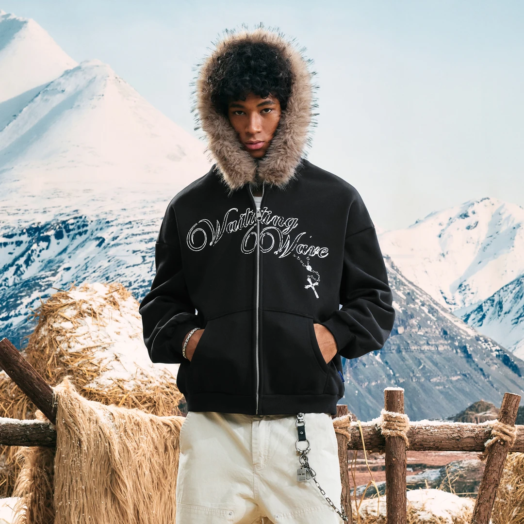 WAITINGWAVE复古街头印花毛领加绒卫衣黑白连帽拉链开衫外套情侣