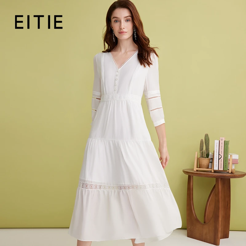 【春季新款】EITIE爱特爱气质V领法式收腰白色七分袖连衣裙A2507527