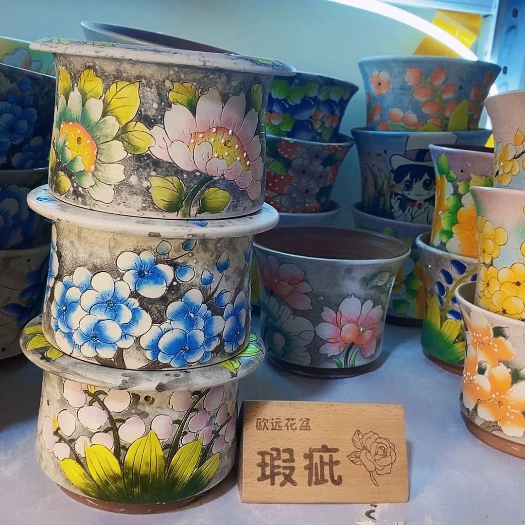 紫砂花盆红陶手绘花盆
