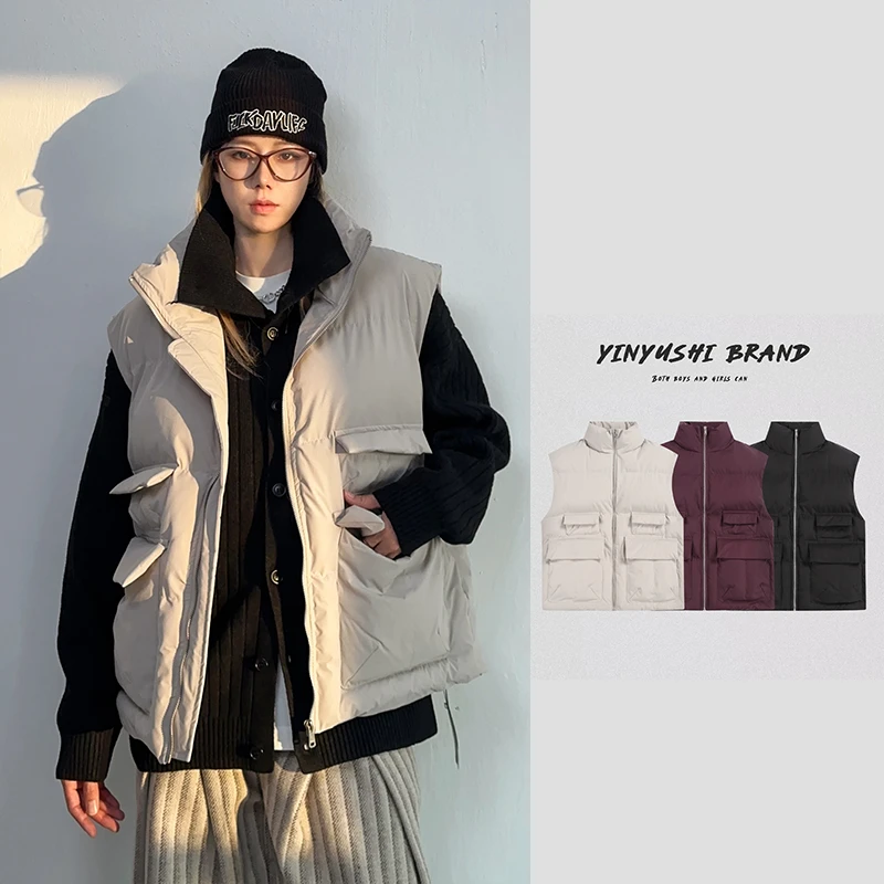 美式复古痞帅秋冬立领多口袋潮牌工装马甲冬季棉服背心男款