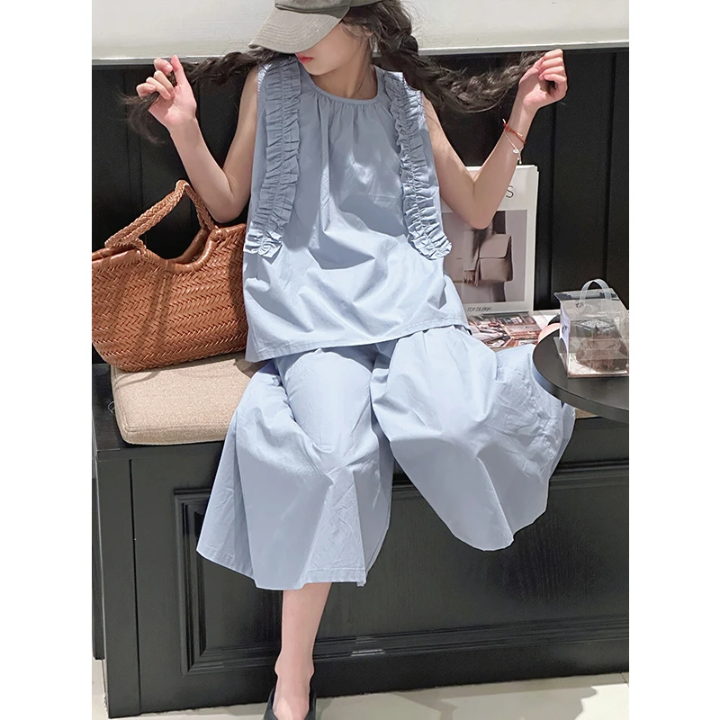 K28675荷叶边女童短袖套装2025新款夏装韩系儿童大童两件套时髦潮