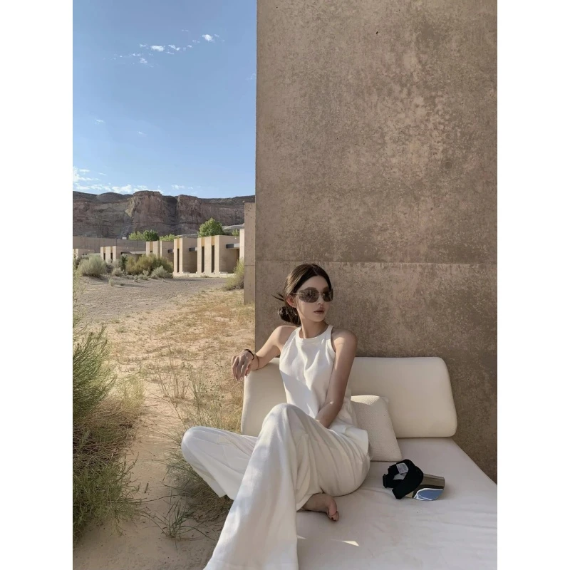 松弛感显瘦背心上衣女套装夏季2025气质宽松直筒阔腿长裤两件套装