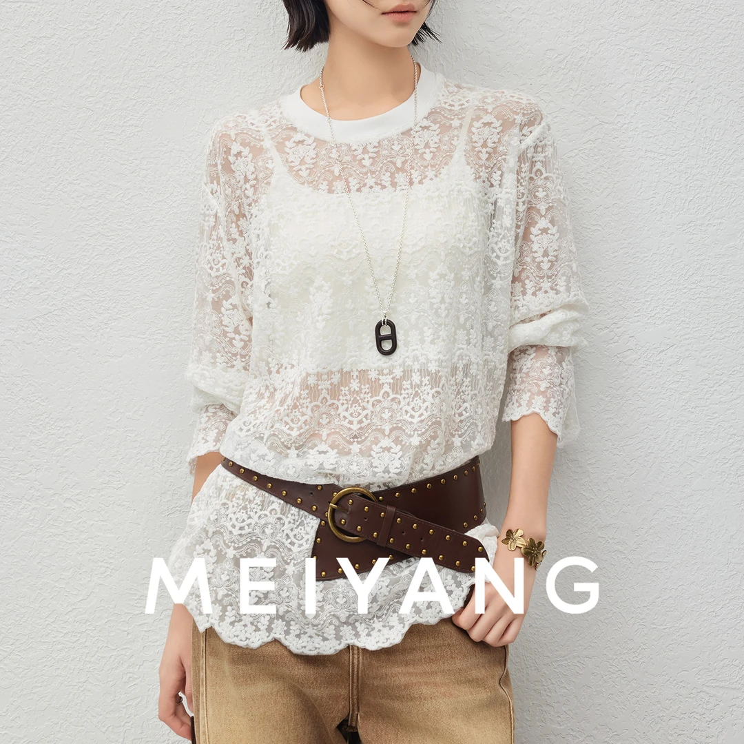 A美洋MEIYANG梨花酿蕾丝衫欧若风朦胧仙气白色百搭镂空绣花上衣