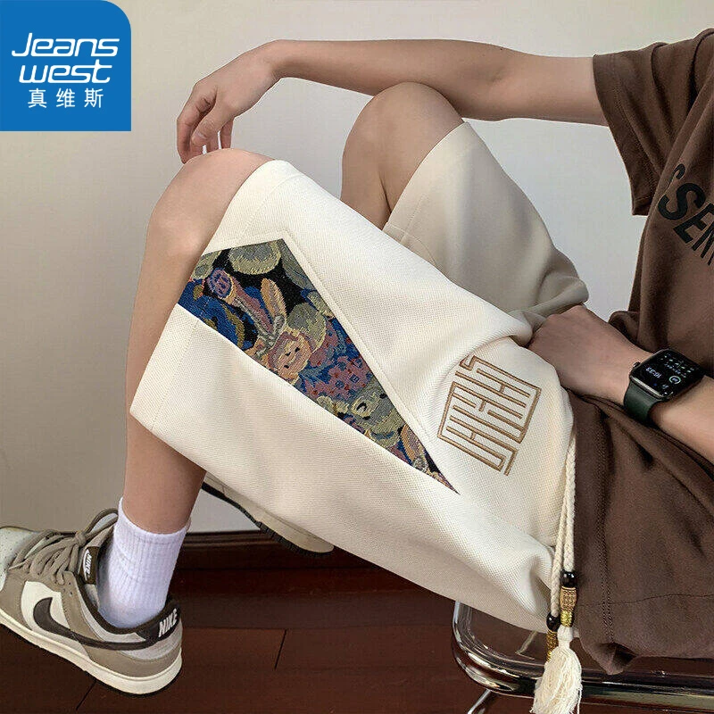 真维斯拼接小熊五分休闲短裤男2025新款宽松大码运动裤子潮牌简约