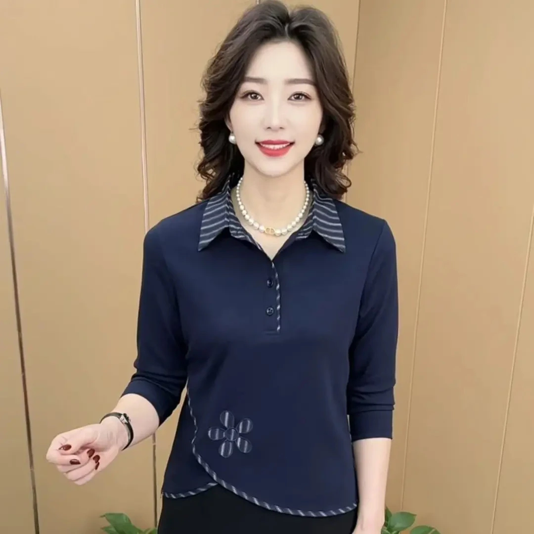 秋季新款时尚翻领纯色刺绣洋气妈妈装休闲中国风长袖上衣K2555