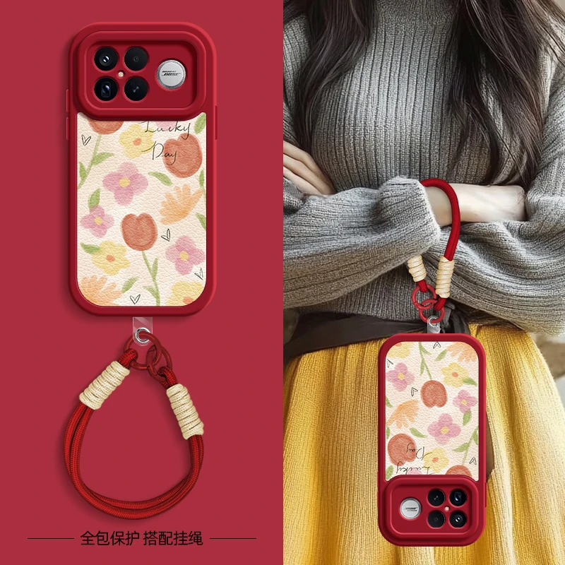 彩色花朵适用红米k90手机壳k90Promax挂绳小羊皮硅胶全包防摔男女