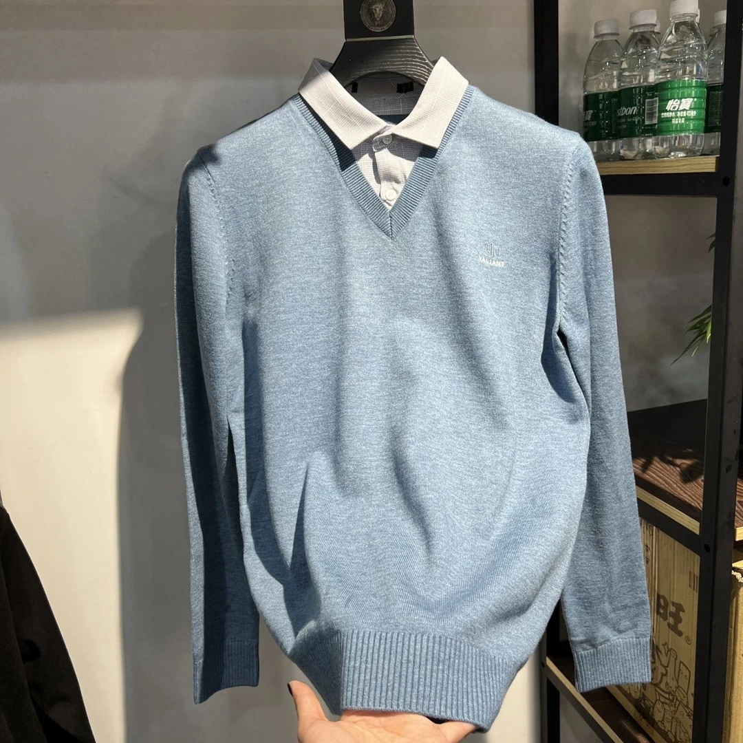 2025春秋季假两件针织衫男学院风衬衫领V领休闲时尚打底套头毛衣