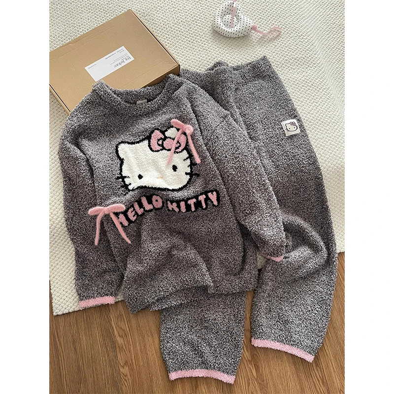 韩系甜美可爱半边绒Kitty睡衣女秋冬新款长袖家居服可外穿两件套