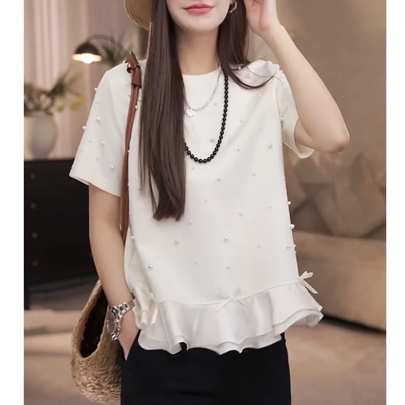 高级重工钉珠宽松短袖T恤女2025夏季新款设计感洋气显瘦圆领上衣