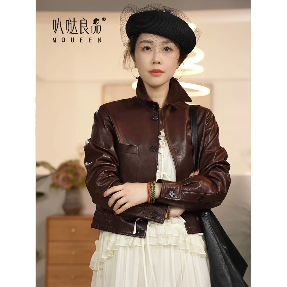 【叭哒不惑】甘子酒  油蜡山羊皮翻领短款皮衣上衣休闲夹克外套女