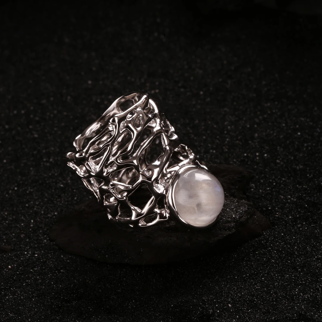 925银戒指 J13226 <白月光>白珠藤蔓枝条宽戒指