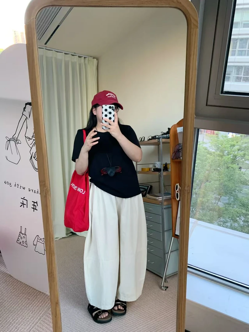 夏季新款垂感松紧腰阔腿九分气球裤JY05K-5852