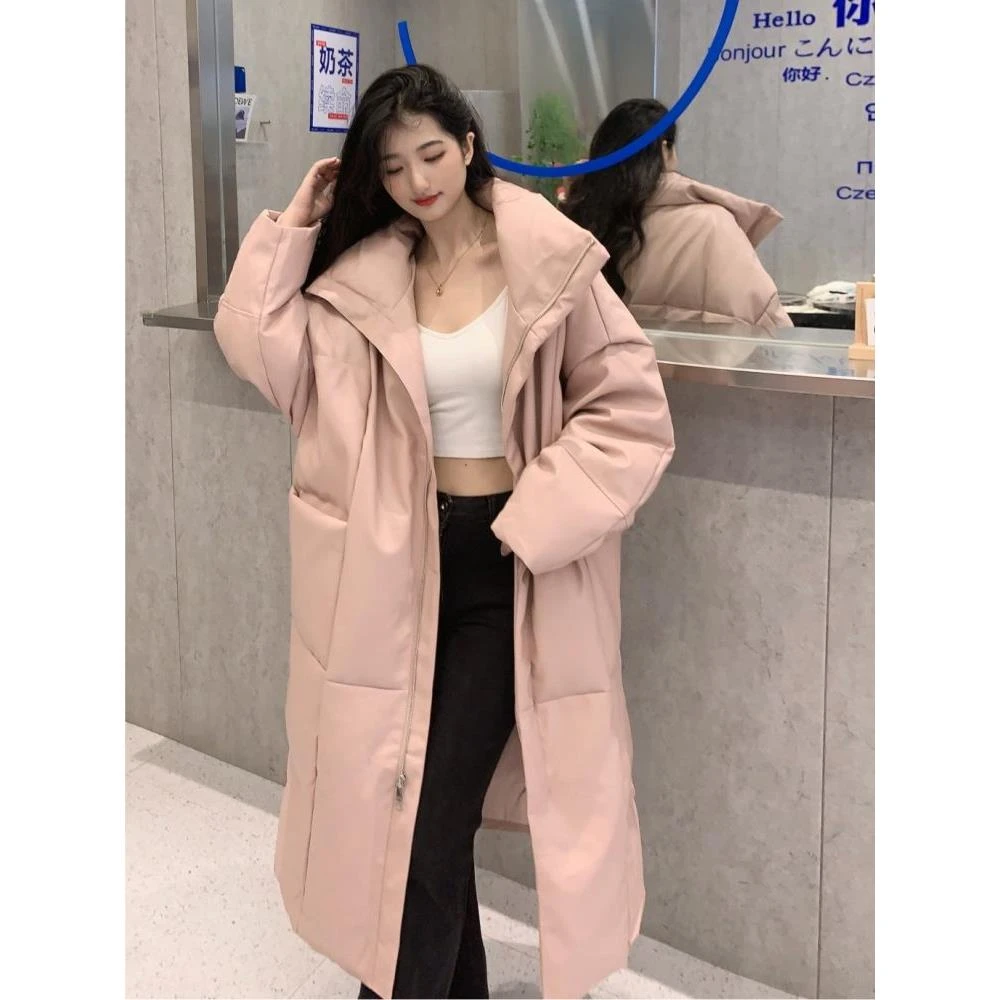 长款过膝pu皮免洗羽绒服女冬季新款白鸭绒超好看立领外套