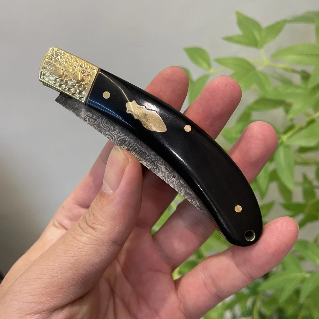 大马士革折叠水果刀高颜值黄铜黑檀木手柄锋利水果刀