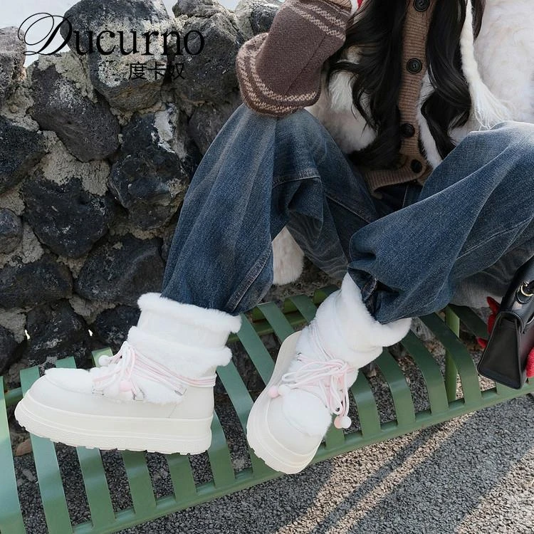 DUCURNO时尚拼色保暖雪地靴女2026圆头厚底中跟短靴舒适休闲棉鞋