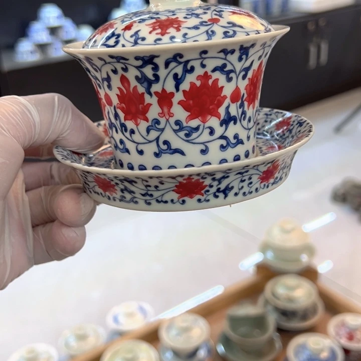 瓷片白青花釉里红马蹄盖碗全品