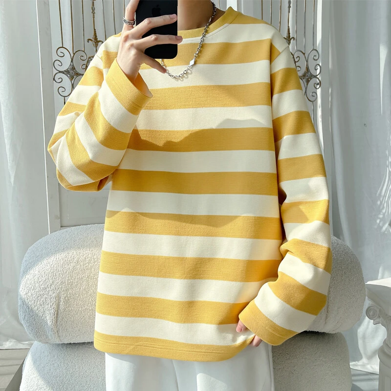 引创长袖t恤男秋季新款港风潮流宽松拼接条纹大码圆领上衣长T恤男