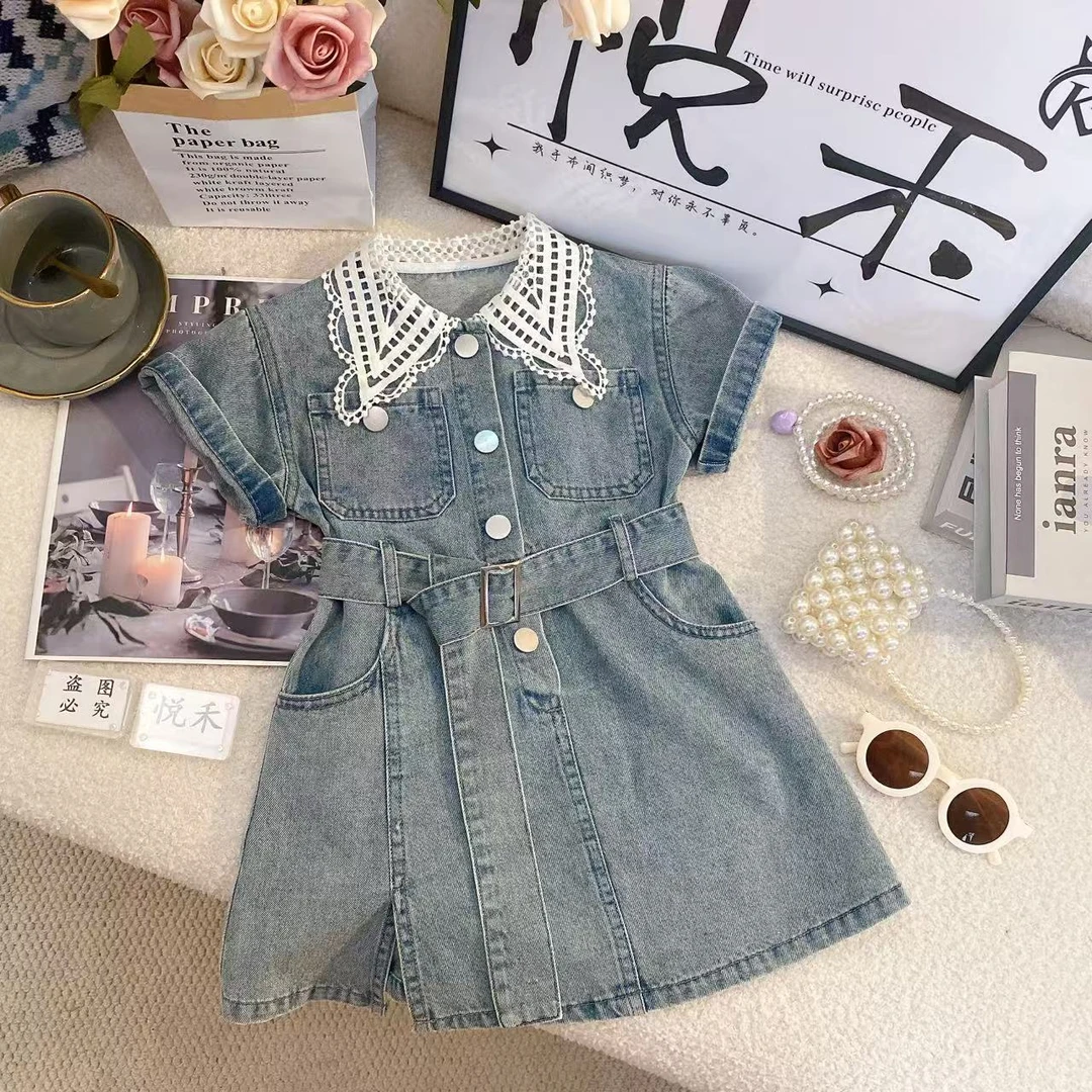 SD新款夏季女童韩版蓝色时尚女孩女宝洋气牛仔洋气连衣裙80323