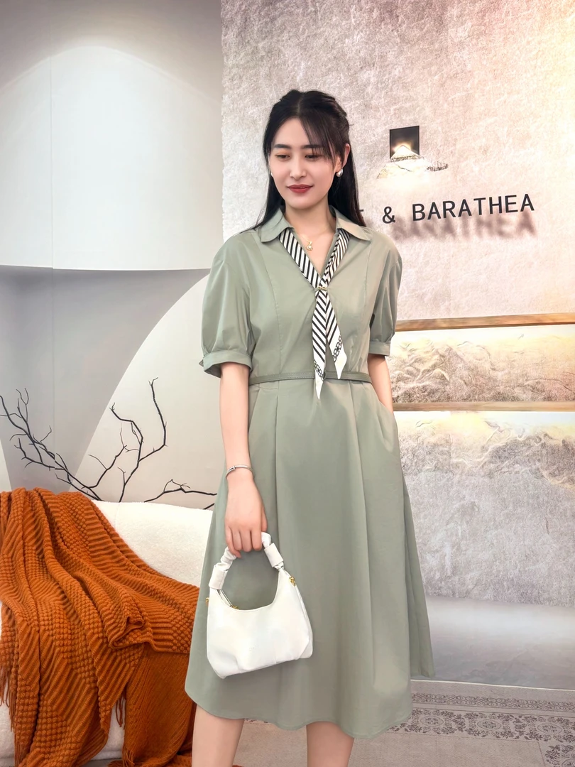 夏季V领中长裙长裙衬衫领连衣裙设计感小众收腰法式气质D2JF0002