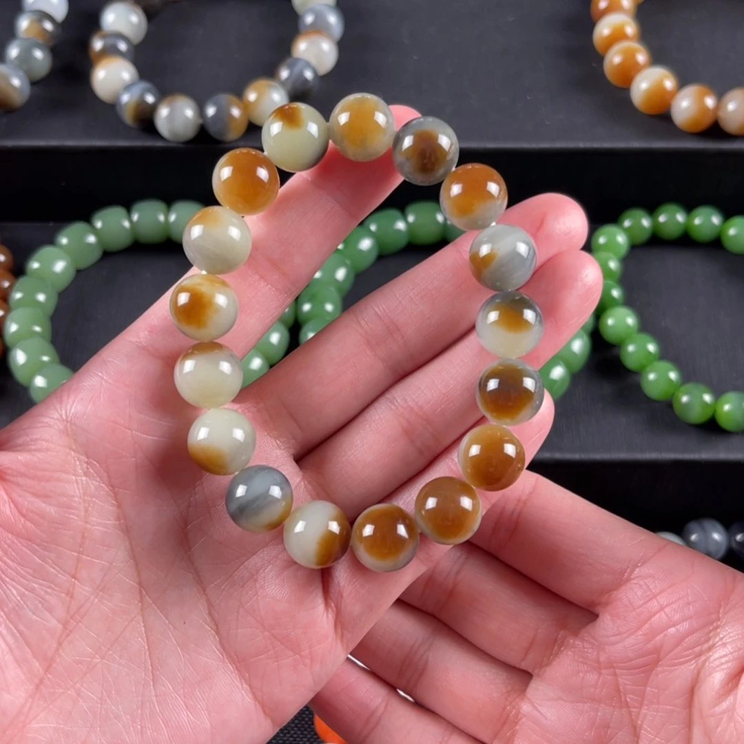 和田玉手串未镶嵌夜****星卡12颗颗三色细度好