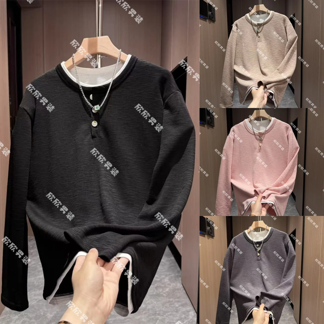 秋季新款假两件潮流针织拼接撞色百搭时尚男士卫衣