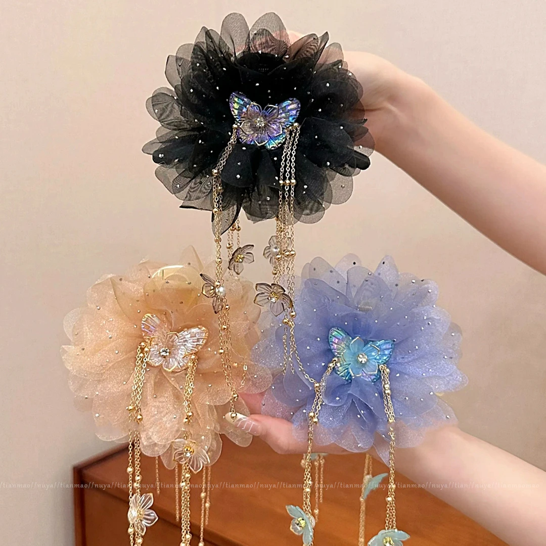 流苏蝴蝶网纱花朵抓夹2025新款气质发夹女后脑勺高级感鲨鱼夹头饰