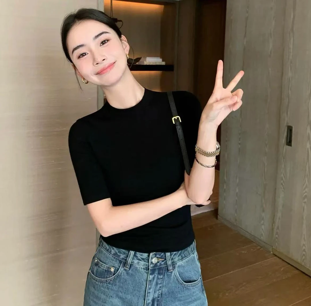 【全无缝+5分袖】【名媛赫本风】韩国打底衫2025早秋套头针织衫女修身