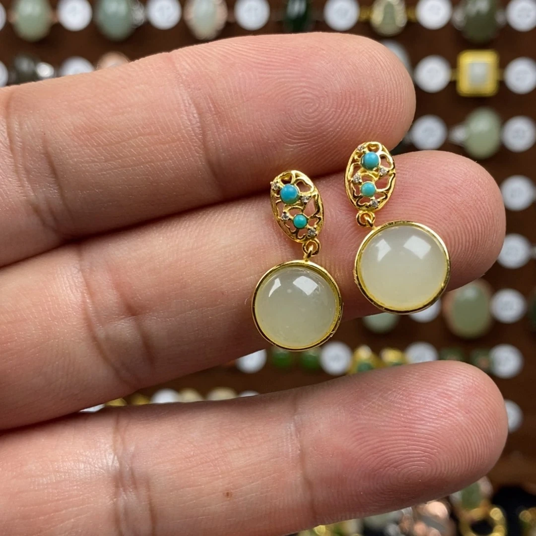 和田玉（青白玉）戒指银S925镀金镶嵌