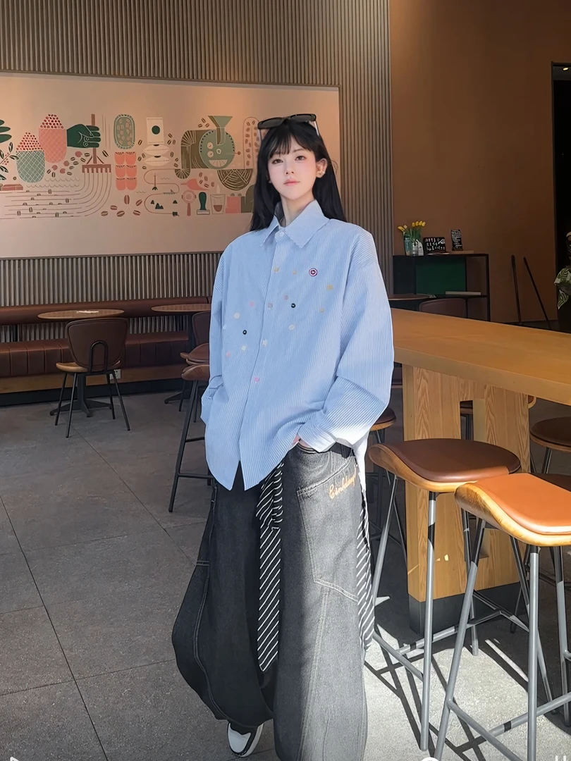 【新款上新】彩色纽扣蓝白色条纹衬衫男女春季设计感衬衣长袖外套