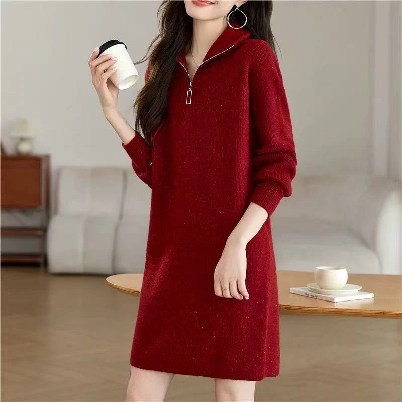 恒源祥集团彩羊新款翻领毛衣裙女秋冬内搭中长款打底衫加厚上衣