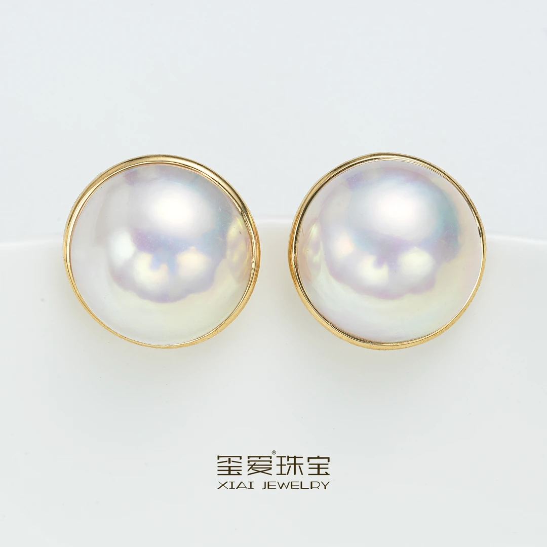 【嘉宣推荐】MM-35081-1-2 海水粉泡泡白马贝耳钉 14-16mm 18K