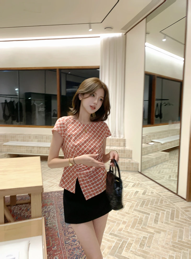 【芝士Cheese】甜褶方糖 格子显瘦气质夏季格纹休闲上衣
