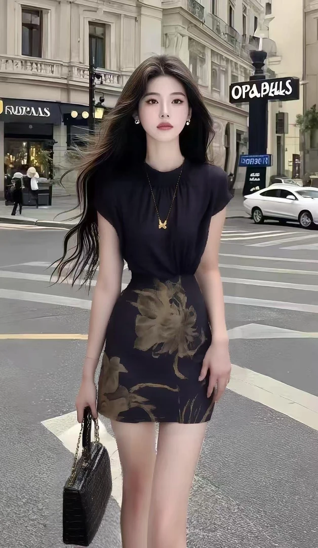 轻熟温婉知性风黑色圆领短袖修身收腰包臀连衣裙女氛围感显瘦短裙