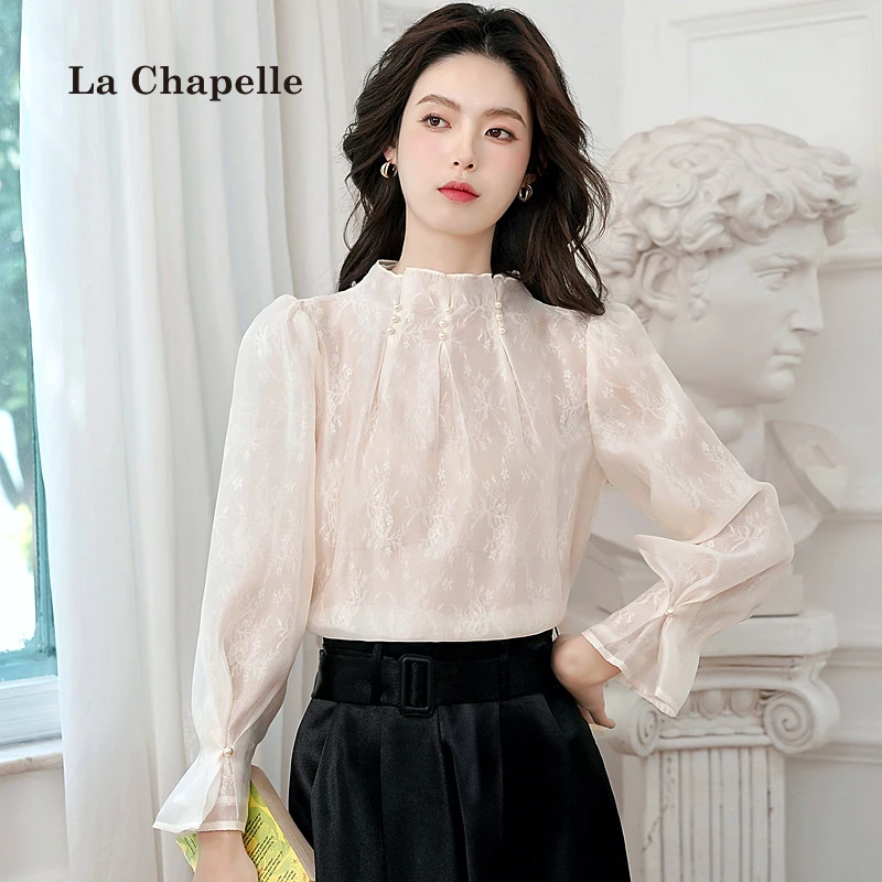 拉夏贝尔法式千金气质立领珍珠蕾丝雪纺衫春秋小香风高级感上衣女