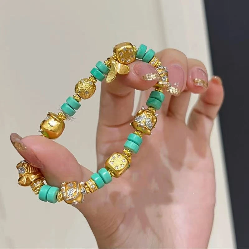 铜合金合成锆石手链 SQ思岐新中式-轻奢绿石卡哇伊阿呆手链5599