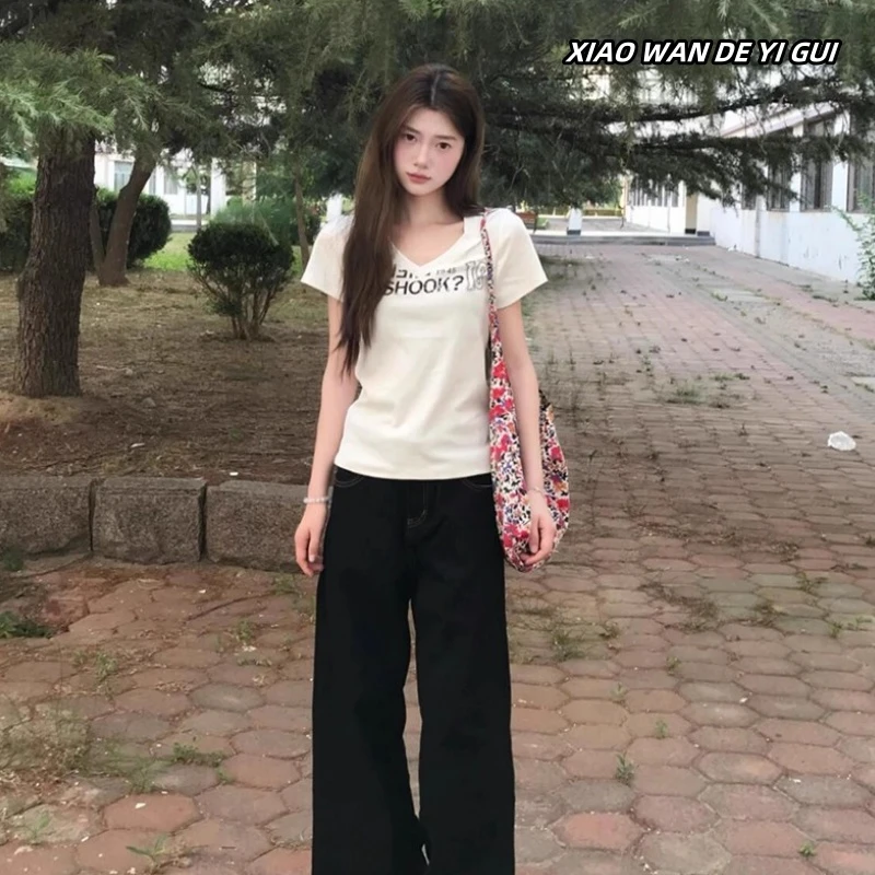 设计感小众美式正肩V领纯棉短袖t恤女夏新款辣妹短款修身显瘦上衣