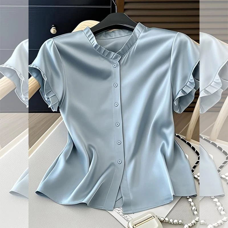 蓝色多巴胺衬衫女夏季新款百搭独特超好看短袖t恤今年流行上衣服