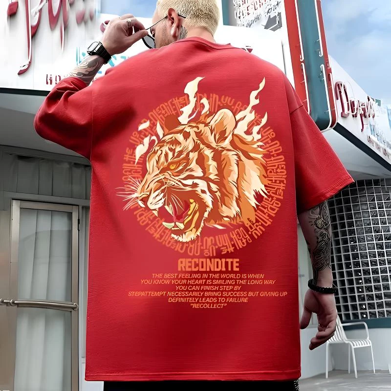 春节男短袖大码T恤国潮免烫宽松情侣五分袖男士印花夏季红色潮流T