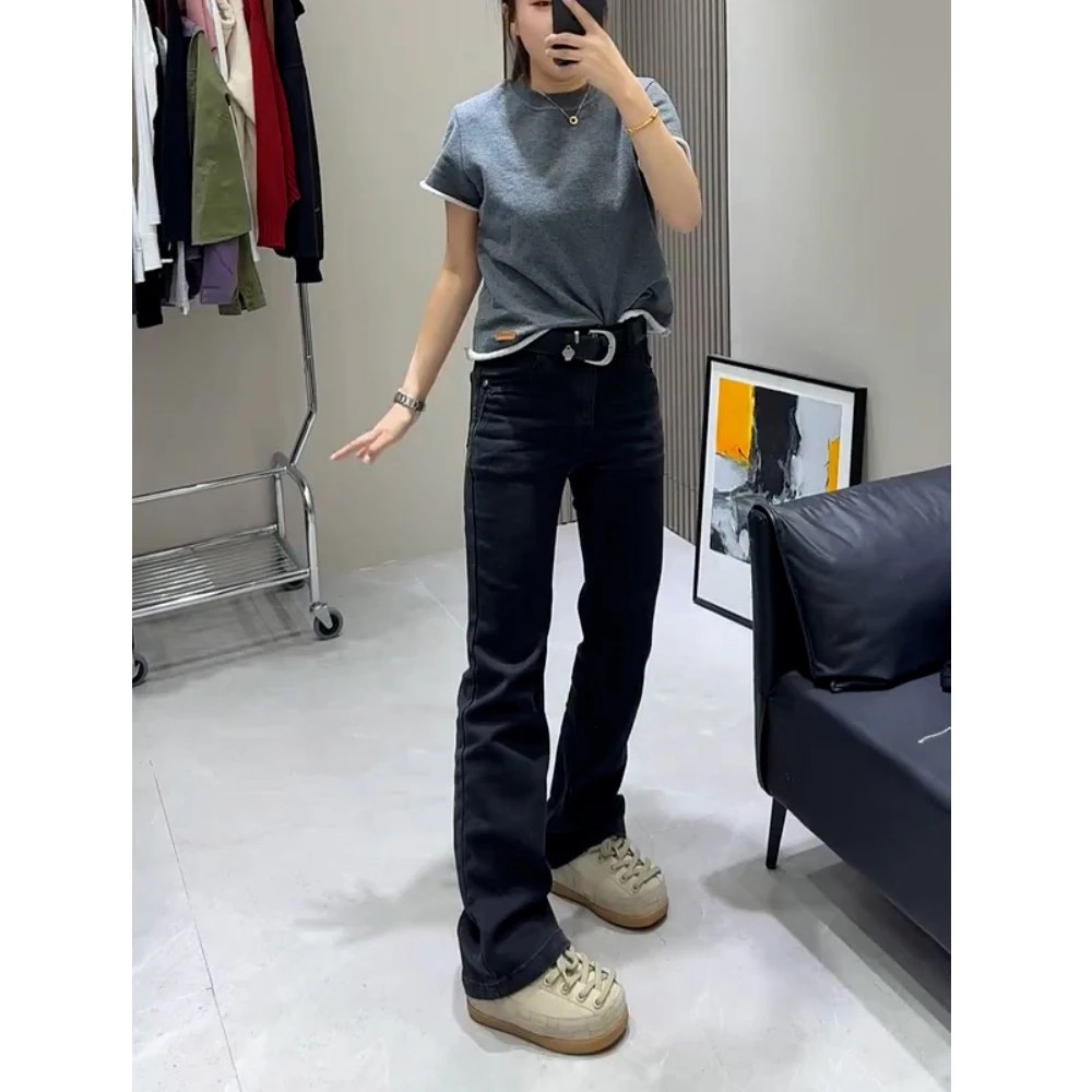 黑灰小个子微喇牛仔裤女秋冬加绒高腰百搭弹力显瘦修身喇叭长裤子