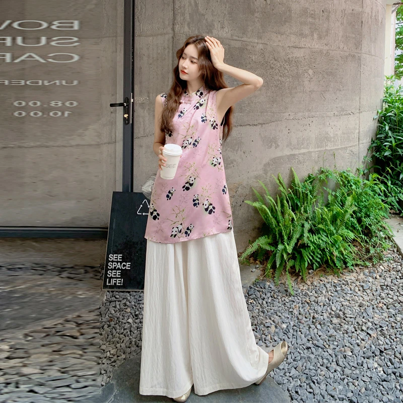 国风熊猫印花无袖旗袍式上衣阔腿裙裤2025夏季新款复古新中式套装