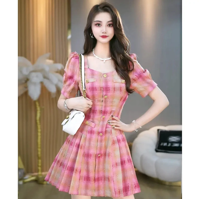 【素夕】法式复古时尚小香风时尚气质高级感百搭百褶连衣裙D1172